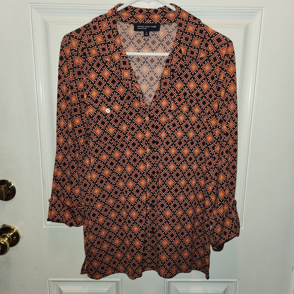 Jones New‎ York Signature Blouse Top Geometric Print Orange Brown Size M